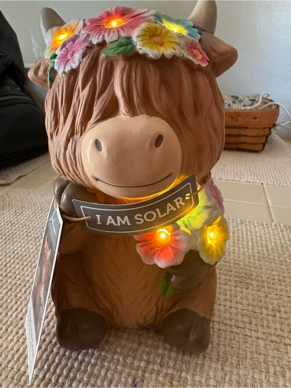 Solar-Powered Brown Highland Cow Lawn Accent with Floral Lights